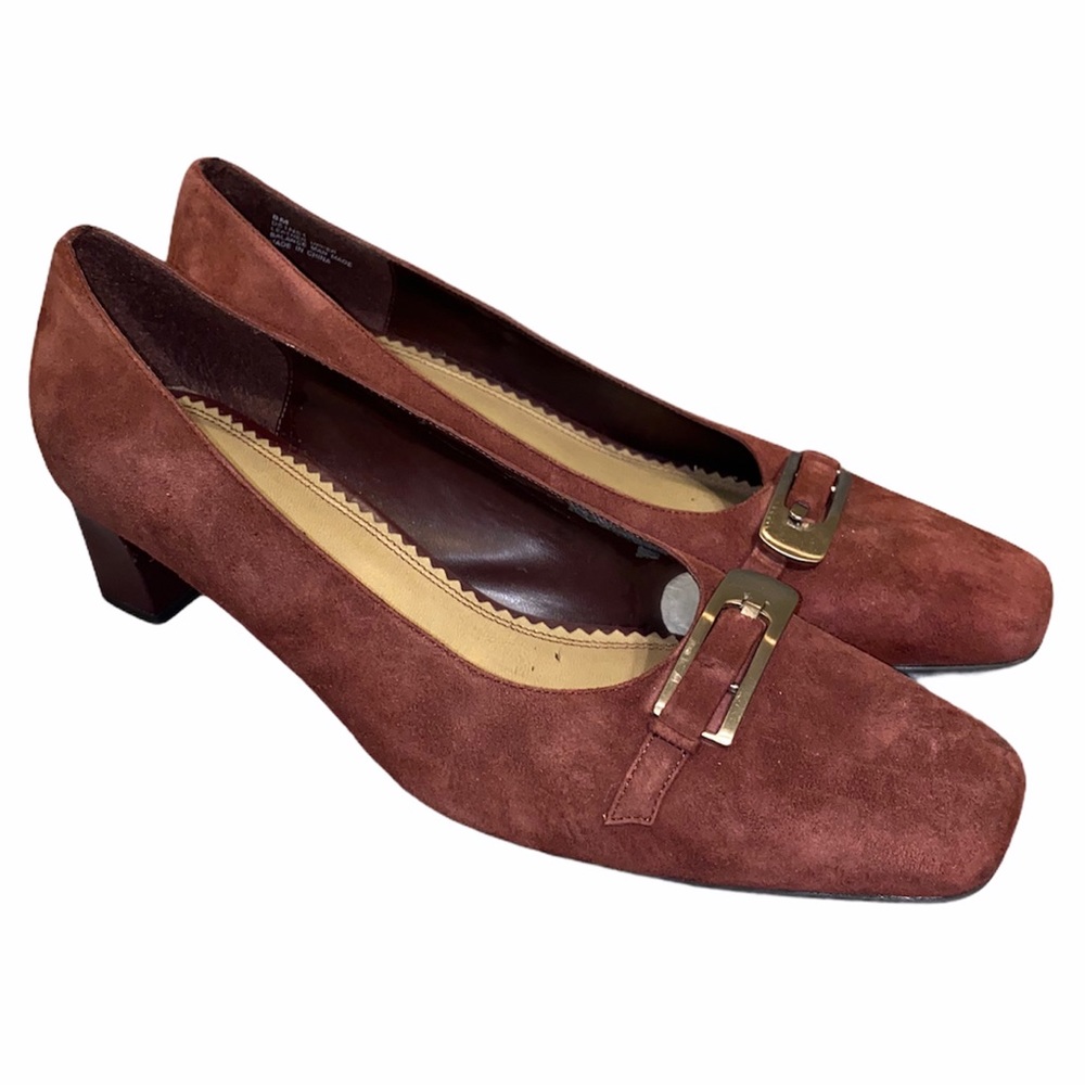 Naturalizer Maroon Suede Buckle Pumps Block Heels